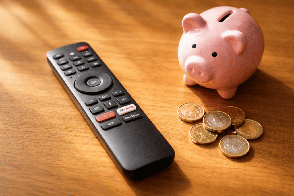Afstandsbediening naast een spaarvarken en euro munten — besparen op televisie